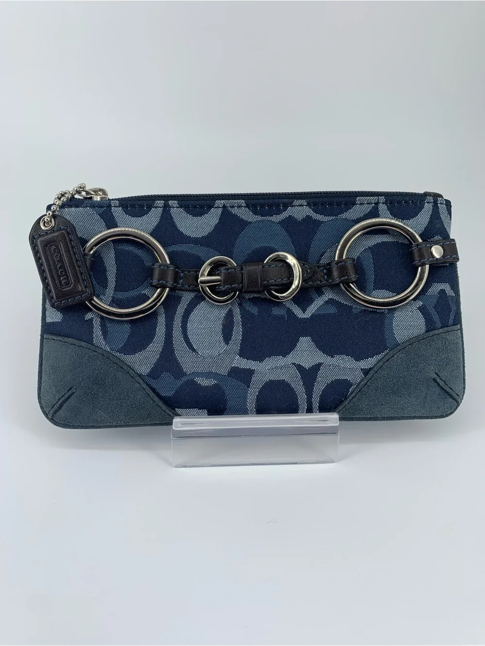 Coach Blue Denim Optic Signature Jacquard & Suede Horsebit Wristlet Y2K